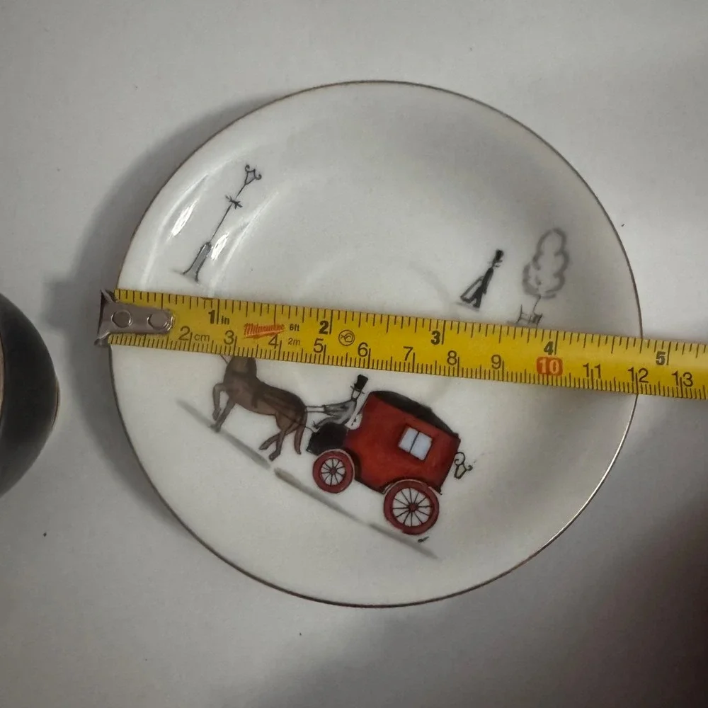 Ucagco Japan Ceramic Cup & Saucer‎ Horse Drawn Carriage Red & Black w/ Gold Rim